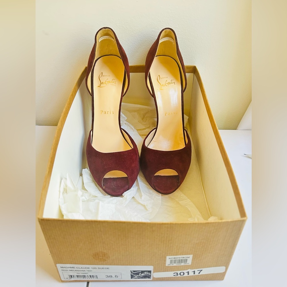 Christian Louboutin Burgundy Suede Peep-Toe Heels - Picture 3 of 5